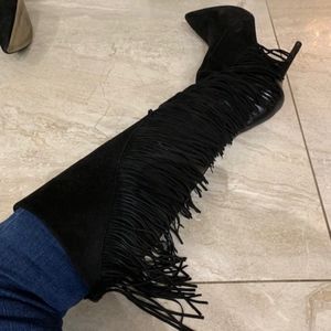 Black leather tassel high heel boot